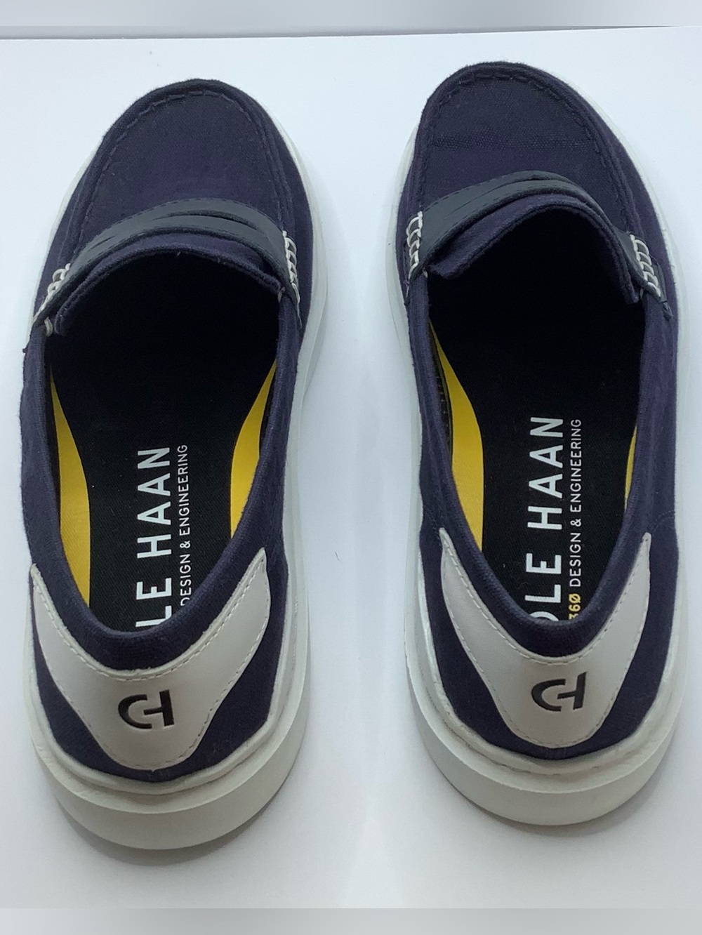Cole Haan Navy Canvas Penny Loafers with White Platform Sole - Picture 5 of 5